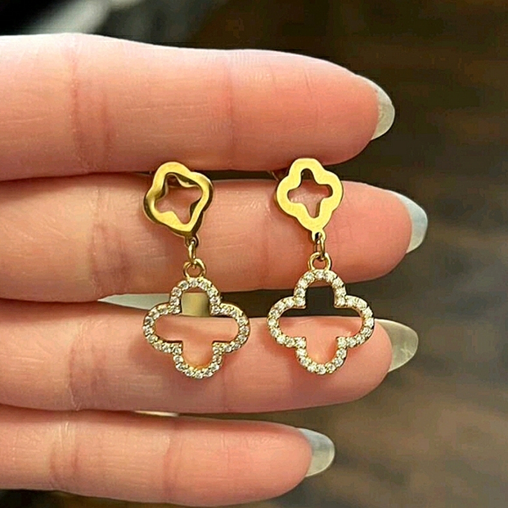 Gold Clover Dangle Earrings with Zirconia, NWOT